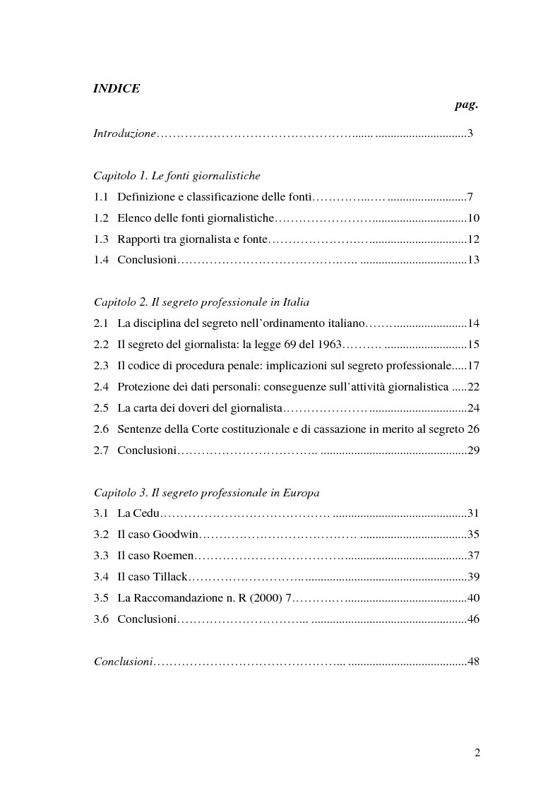 Indice della tesi: Il segreto professionale del giornalista: storia e casi di un diritto equivoco, Pagina 1