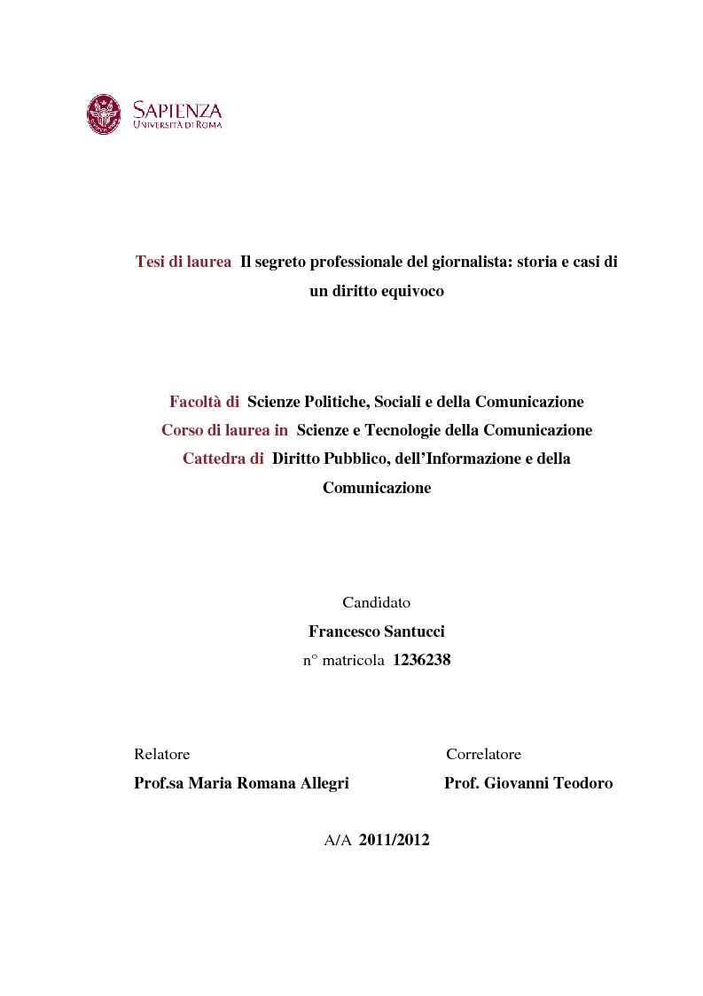 Anteprima della tesi: Il segreto professionale del giornalista: storia e casi di un diritto equivoco, Pagina 1