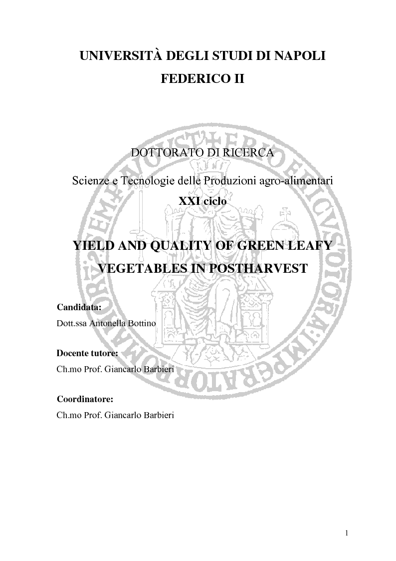 Anteprima della tesi: Yield and Quality of Green Leafy Vegetables in Postharvest, Pagina 1