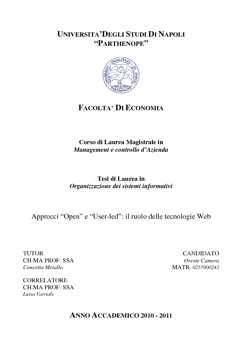 Anteprima della tesi: Approcci ''Open'' e ''User-led'': il ruolo delle tecnologie Web, Pagina 1