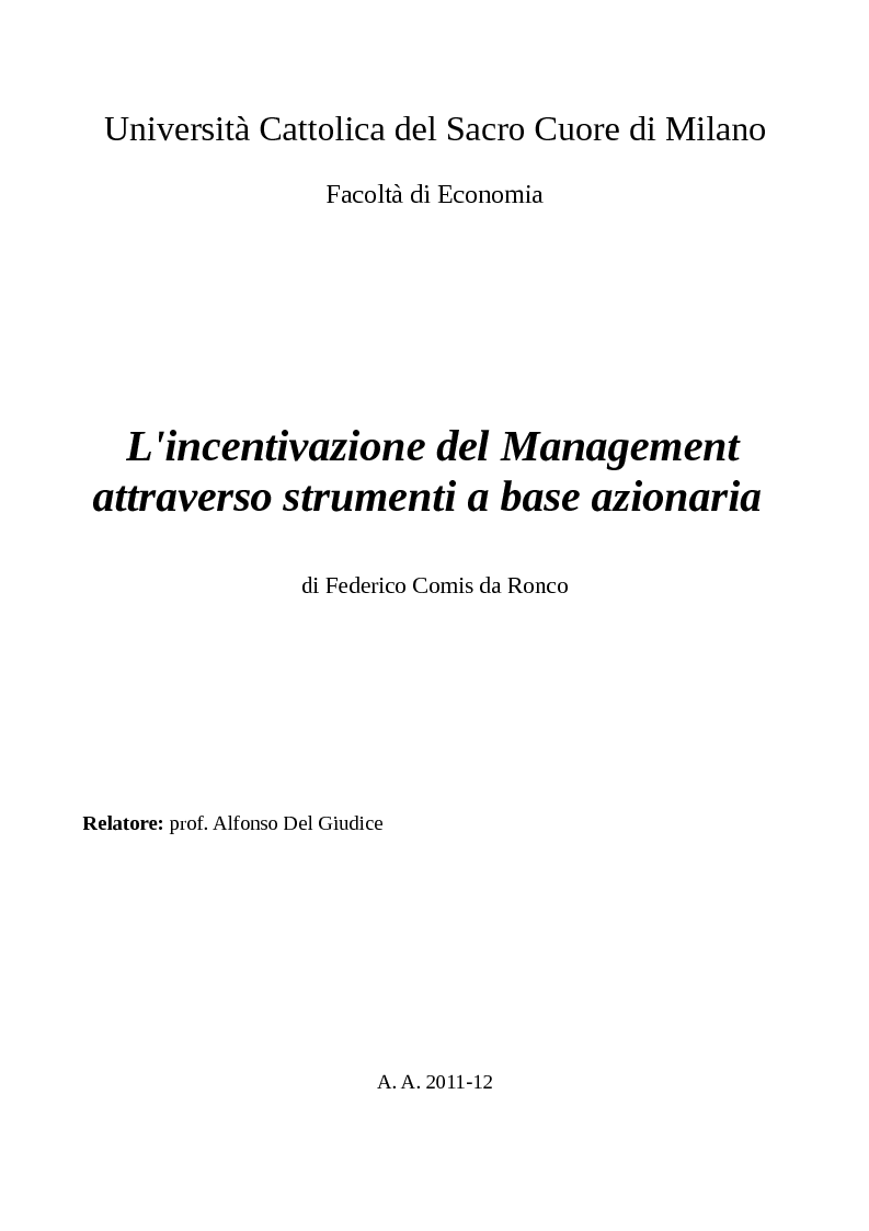 Anteprima della tesi: L'incentivazione del Management attraverso strumenti a base azionaria , Pagina 1