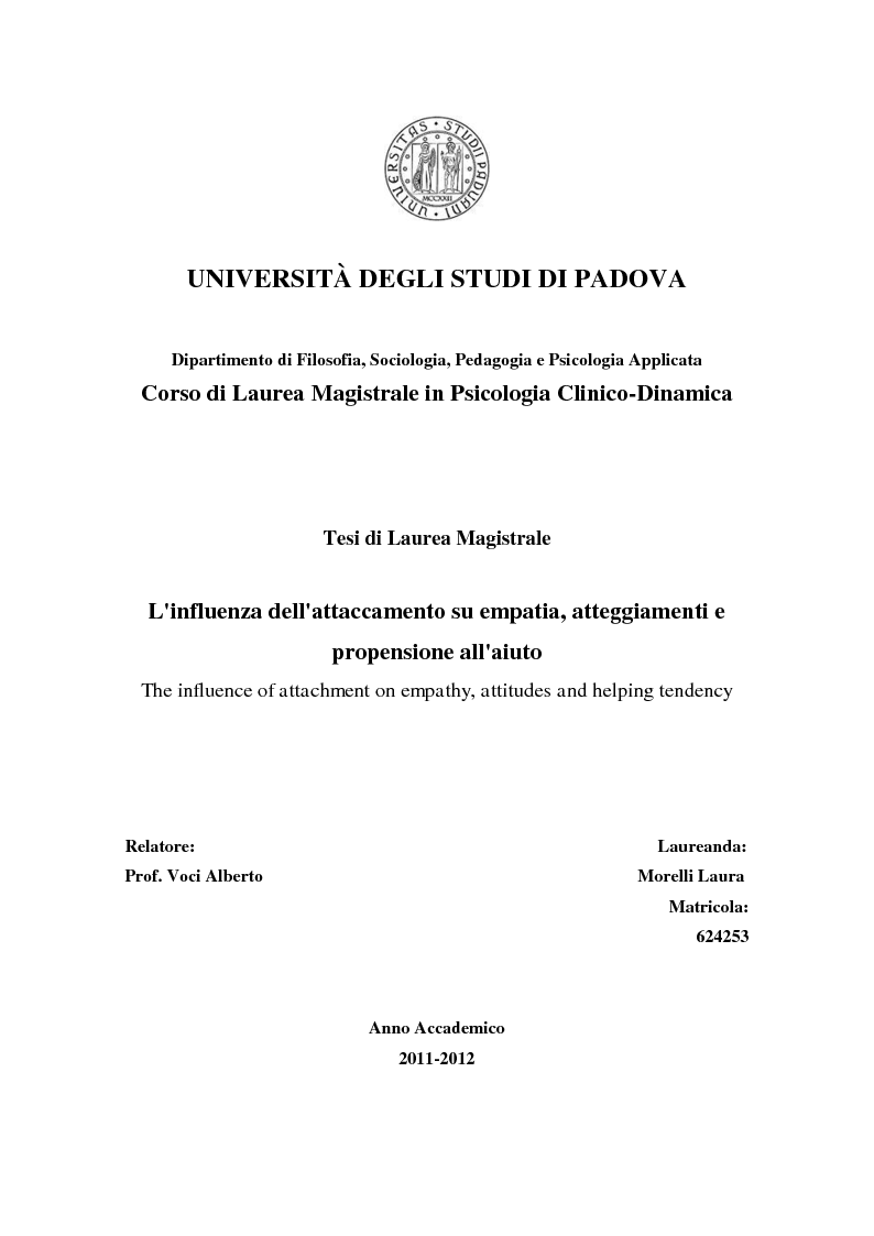 Anteprima della tesi: L'influenza dell'attaccamento su empatia, atteggiamenti e propensione all'aiuto, Pagina 1