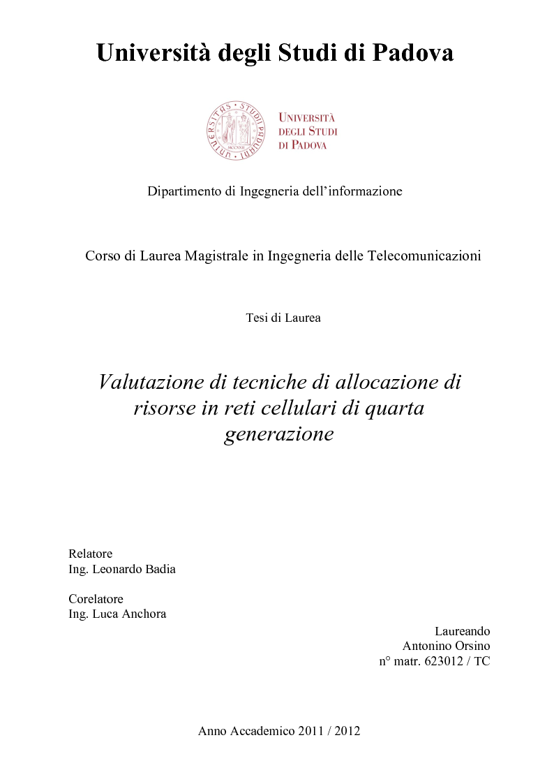 Anteprima della tesi: Valutazione di tecniche di allocazione di risorse in reti cellulari di quarta generazione, Pagina 1