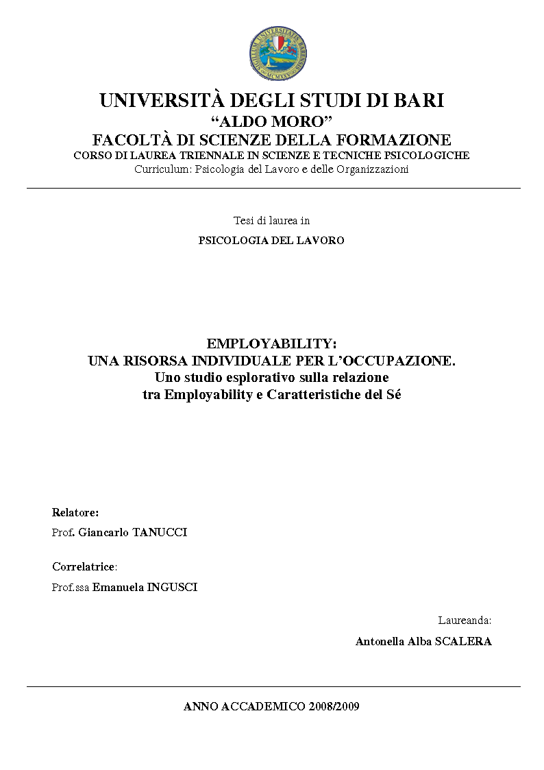 Anteprima della tesi: Employability: una risorsa individuale per l’occupazione. Uno studio esplorativo sulla relazione tra Employability e Caratteristiche del Sé., Pagina 1