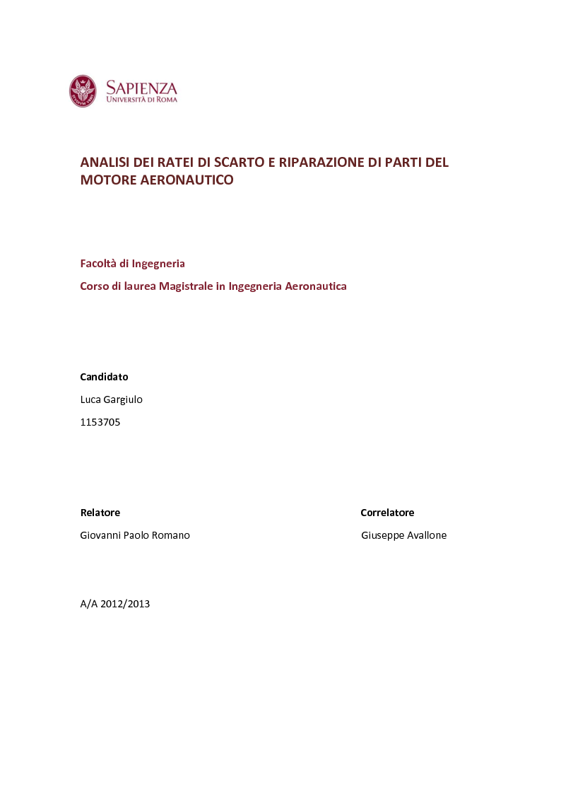 Anteprima della tesi: Analisi dei ratei di scarto e riparazione di parti del motore aeronautico, Pagina 1