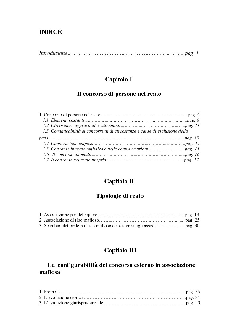 Indice della tesi: Il concorso esterno nell'associazione mafiosa: origini, ipotesi criminologiche e aspetti di attualità., Pagina 1