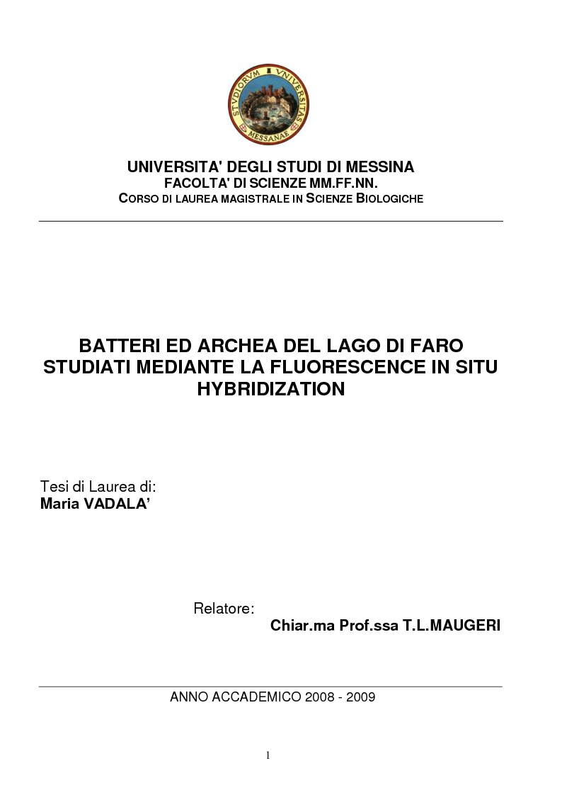 Anteprima della tesi: Batteri ed Archea Del Lago di Faro studiati mediante la Fluorescence in situ Hybriditation (FISH), Pagina 1
