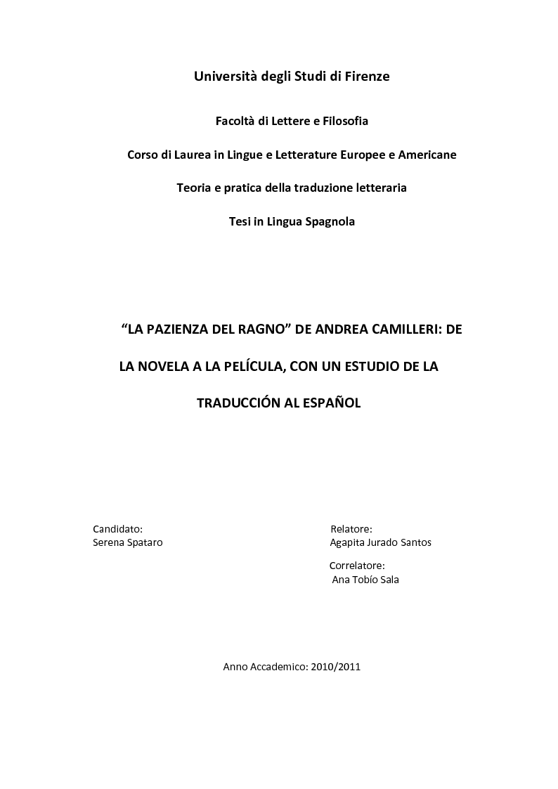 Anteprima della tesi: ''La pazienza del ragno'' de Andrea Camilleri: de la novela a la película, con un estudio de la traducción al español, Pagina 1