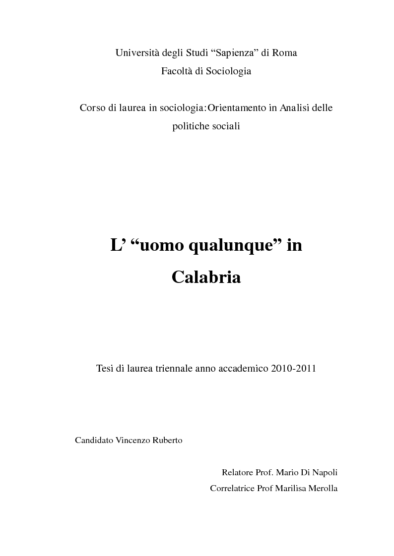 Anteprima della tesi: L’ "uomo qualunque" in Calabria, Pagina 1