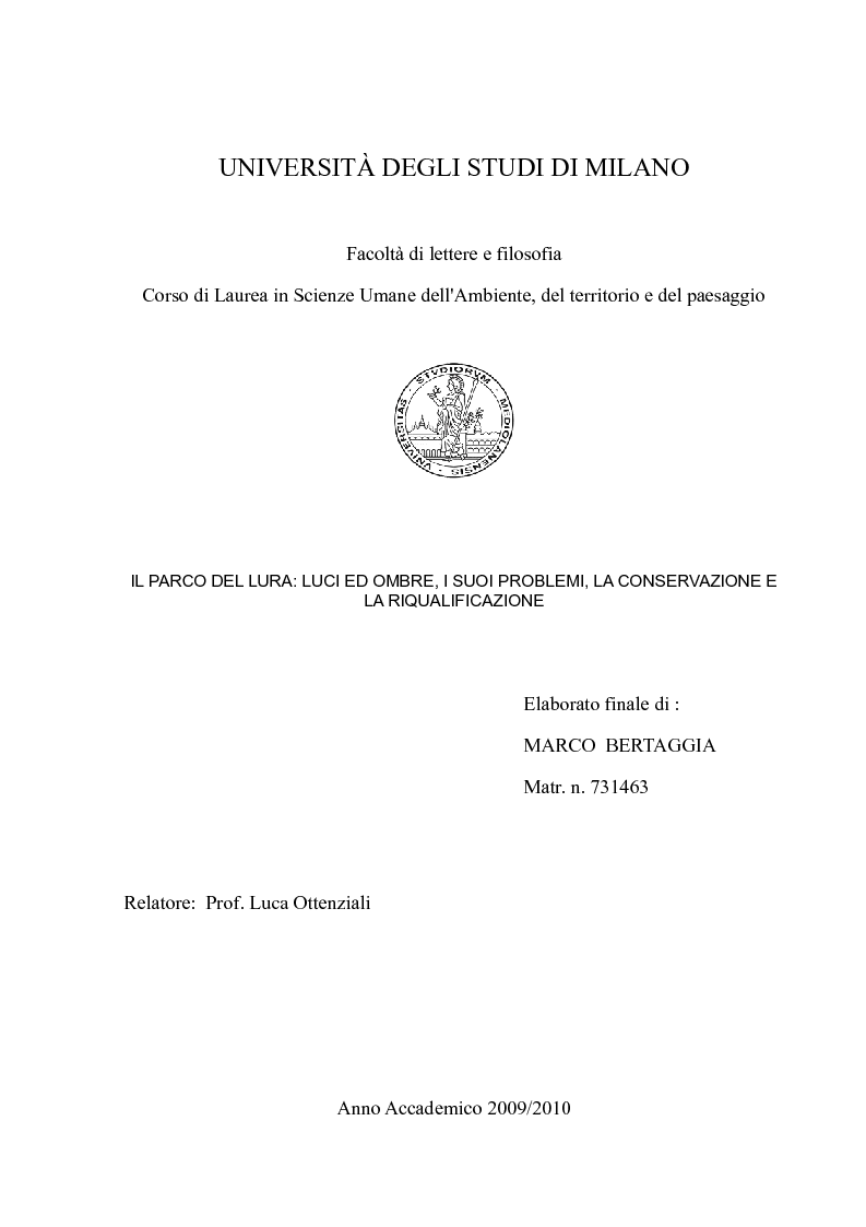 Anteprima della tesi: Il Parco del Lura: luci ed ombre, i suoi problemi, la conservazione e la riqualificazione., Pagina 1