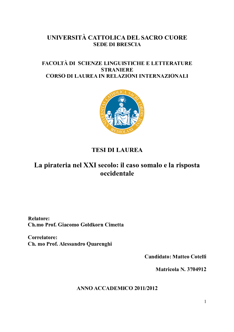 Anteprima della tesi: La pirateria nel XXI secolo: il caso somalo e la risposta occidentale, Pagina 1