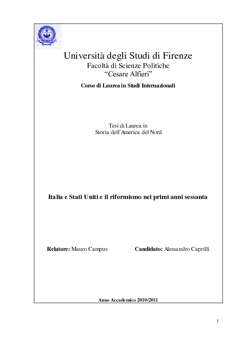 Anteprima della tesi: Italia e Stati Uniti e il riformismo nei primi anni sessanta, Pagina 1