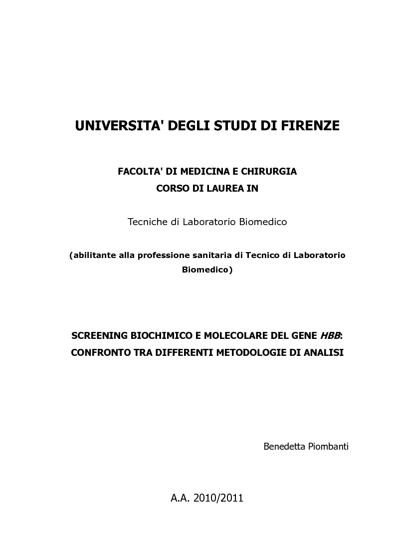 Anteprima della tesi: Screening biochimico e molecolare del gene HBB: confronto tra differenti metodologie di analisi, Pagina 1