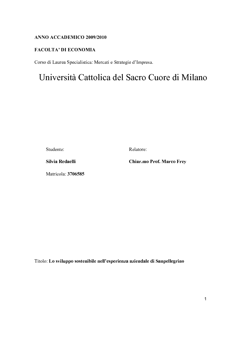 Anteprima della tesi: Lo sviluppo sostenibile nell’esperienza aziendale di Sanpellegrino, Pagina 1