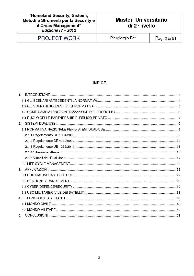Indice della tesi: I sistemi Dual-Use: sviluppo, applicazioni e tecnologie abilitanti, Pagina 1