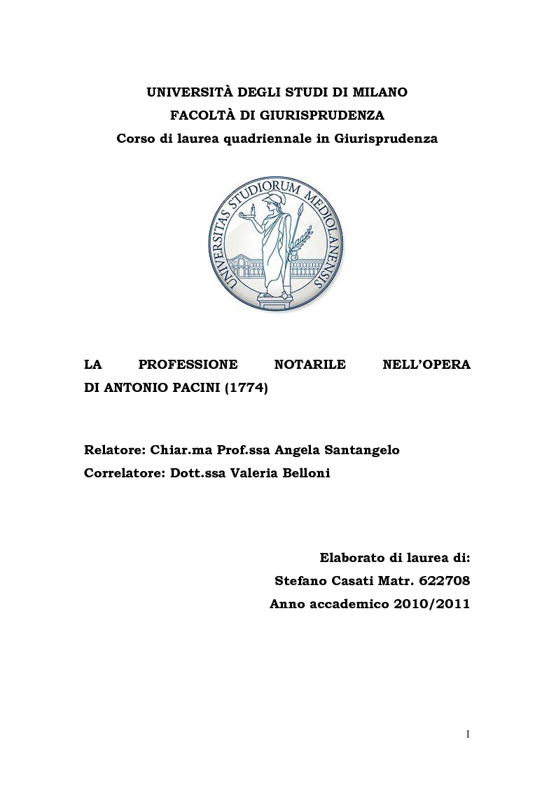 Anteprima della tesi: La Professione Notarile nell'opera di Antonio Pacini (1774), Pagina 1