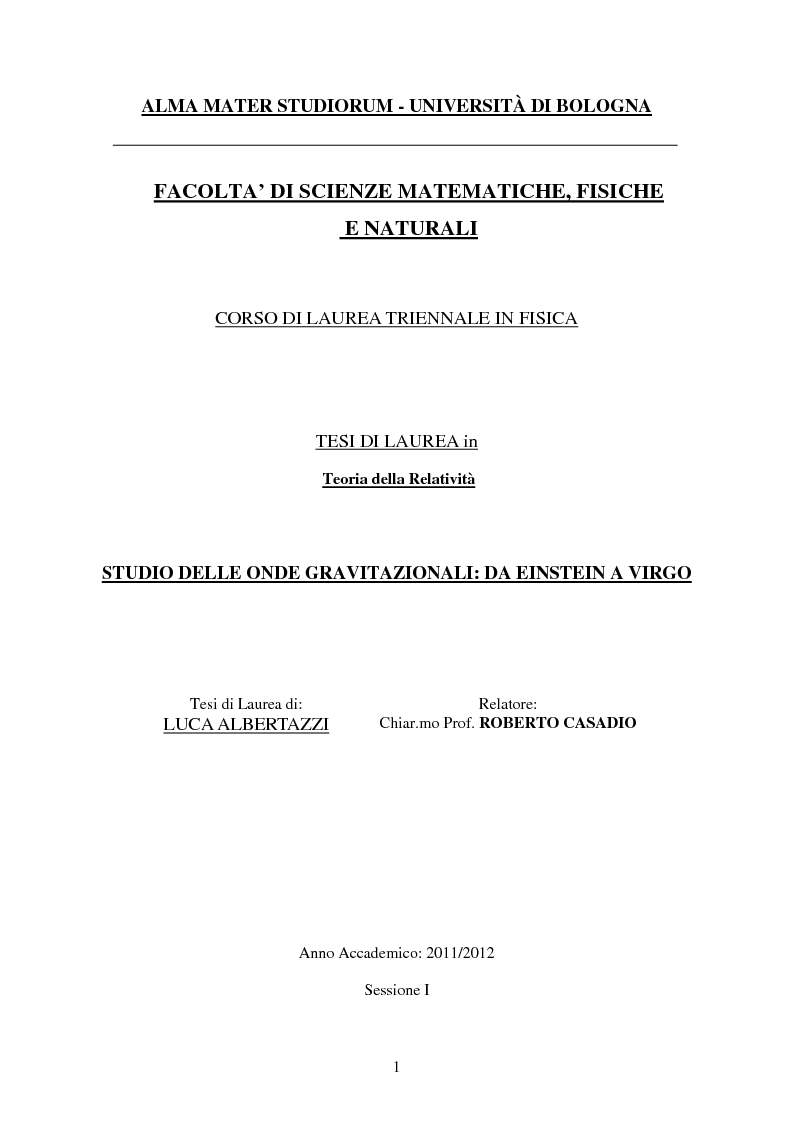 Anteprima della tesi: Studio delle Onde Gravitazionali: da Einstein a Virgo, Pagina 1