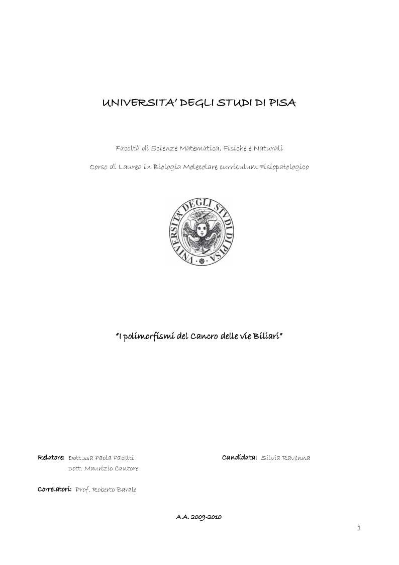 Anteprima della tesi: I polimorfismi del Cancro delle vie Biliari, Pagina 1