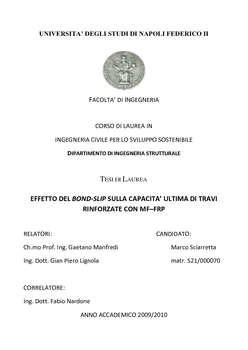 Anteprima della tesi: Effetto del Bond-slip sulla capacità ultima di travi rinforzate con MF-FRP, Pagina 1
