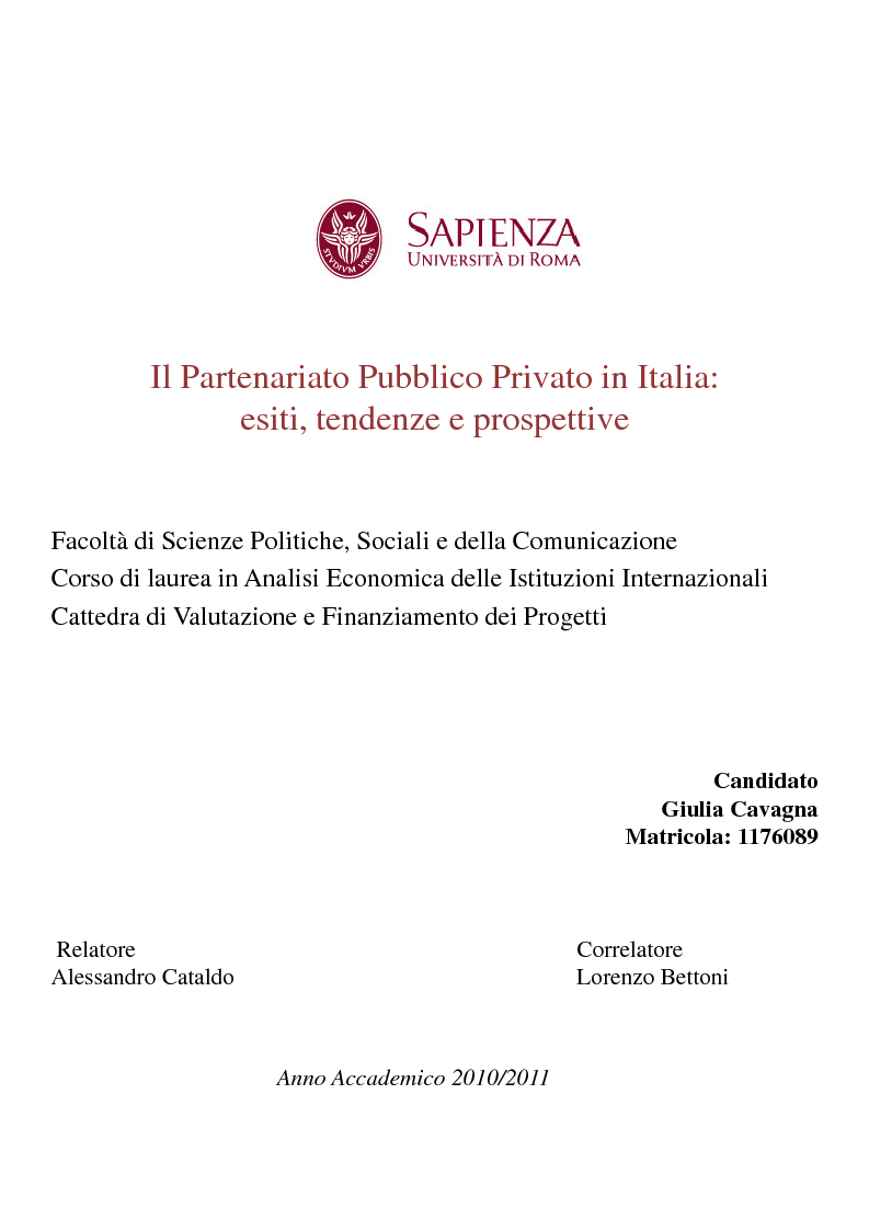 Anteprima della tesi: Il Partenariato Pubblico Privato in Italia: esiti, tendenze e prospettive, Pagina 1