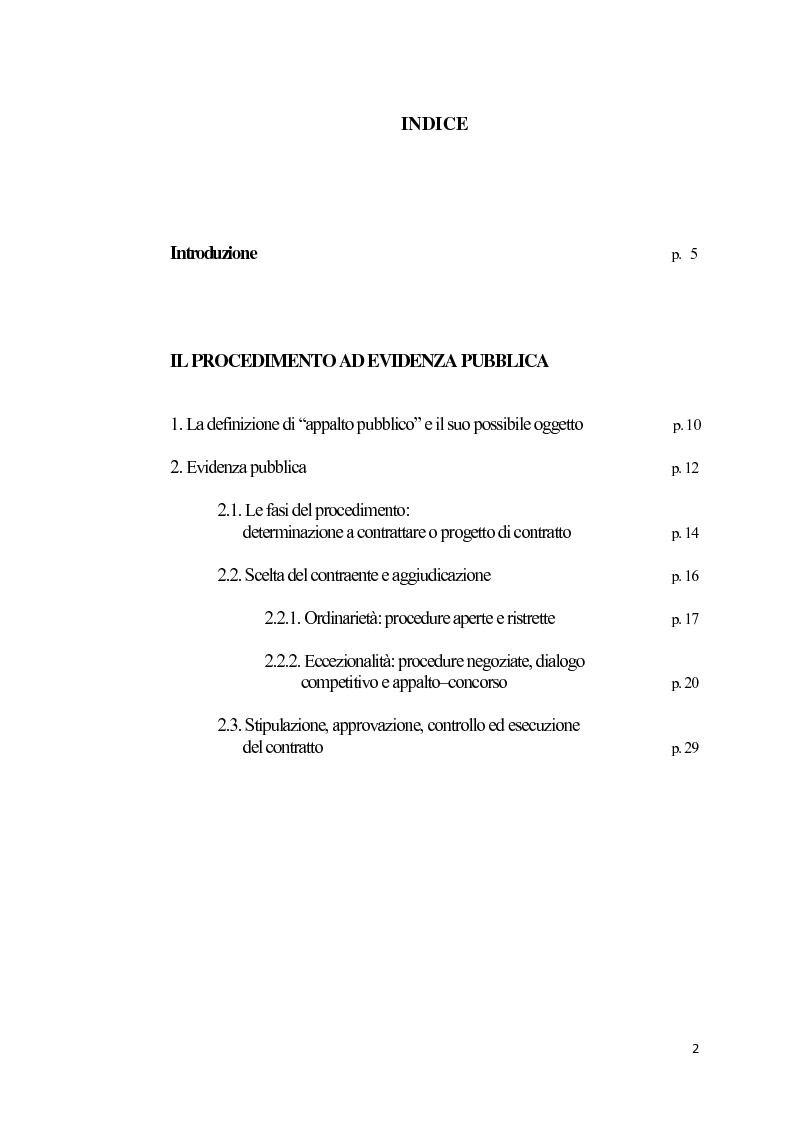 Indice della tesi: L'emergenza come deroga all'evidenza pubblica, Pagina 1