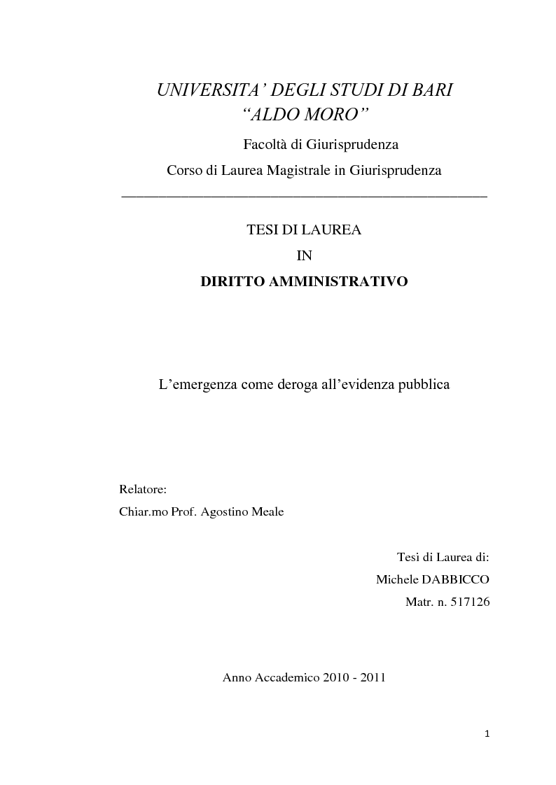 Anteprima della tesi: L'emergenza come deroga all'evidenza pubblica, Pagina 1