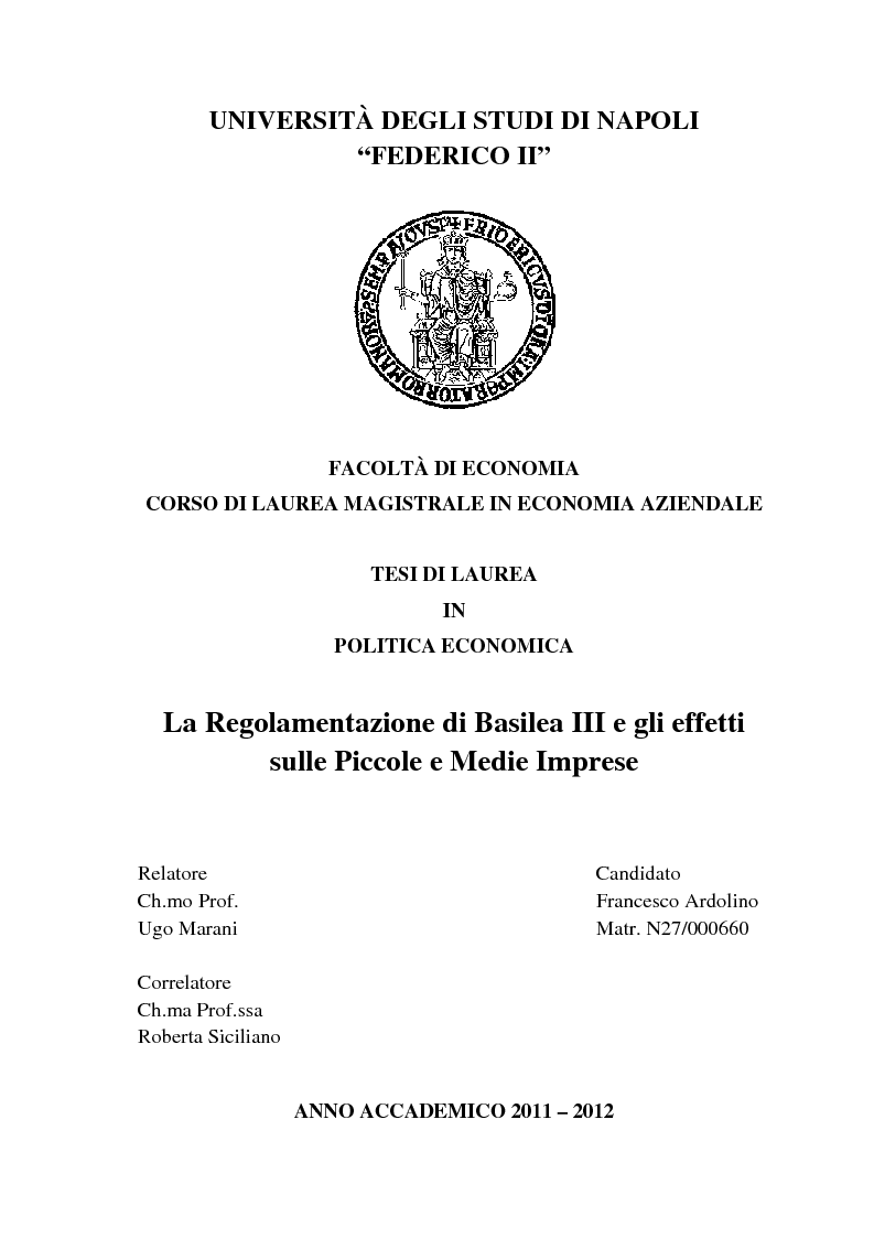 Anteprima della tesi: La Regolamentazione di Basilea III e gli effetti sulle Piccole e Medie imprese, Pagina 1
