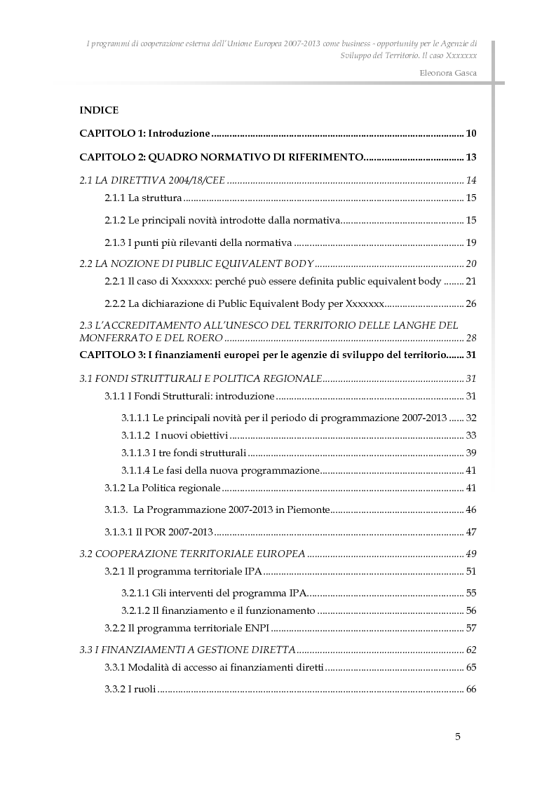 Indice della tesi: I programmi di cooperazione esterna dell’Unione Europea 2007-2013 come business - opportunity per le Agenzie di Sviluppo del Territorio., Pagina 1