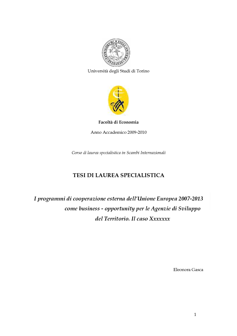 Anteprima della tesi: I programmi di cooperazione esterna dell’Unione Europea 2007-2013 come business - opportunity per le Agenzie di Sviluppo del Territorio., Pagina 1