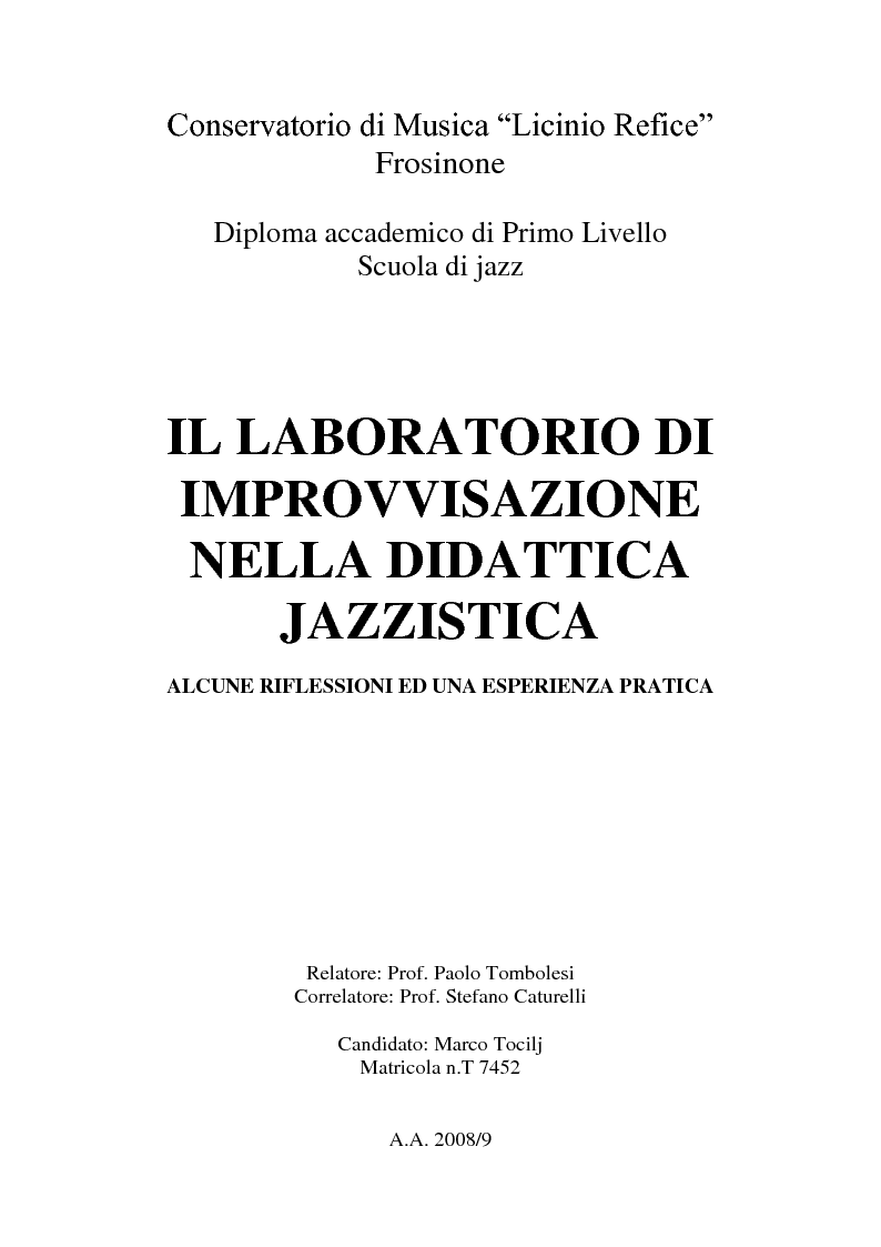 Anteprima della tesi: Il laboratorio di improvvisazione nella didattica jazzistica. Alcune riflessioni ed un'esperienza pratica, Pagina 1