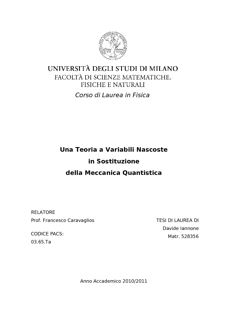 Anteprima della tesi: Una Teoria a Variabili Nascoste in Sostituzione della Meccanica Quantistica, Pagina 1
