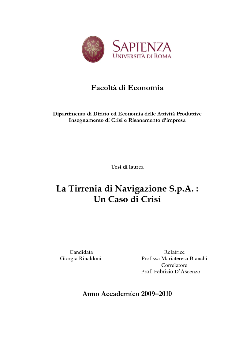 Anteprima della tesi: La Tirrenia di Navigazione S.p.A. : un caso di crisi, Pagina 1