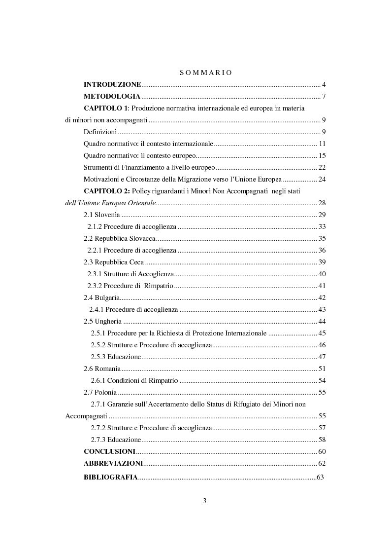 Indice della tesi: La Tutela dei Minori non Accompagnati nel'Unione Europea, con un particolare riferimento agli Stati Membri dell'Europa Orientale, Pagina 1