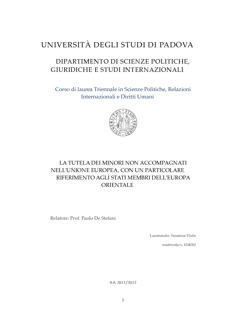 Anteprima della tesi: La Tutela dei Minori non Accompagnati nel'Unione Europea, con un particolare riferimento agli Stati Membri dell'Europa Orientale, Pagina 1