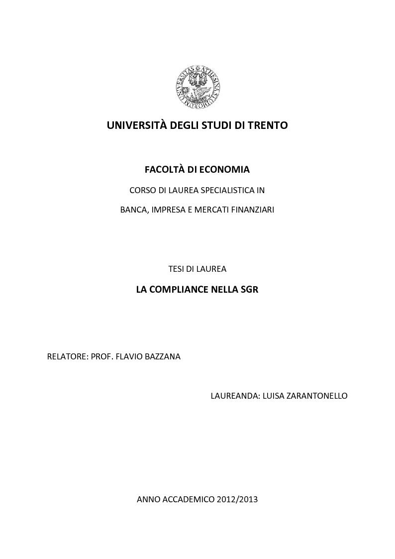 Anteprima della tesi: La Compliance nella SGR, Pagina 1