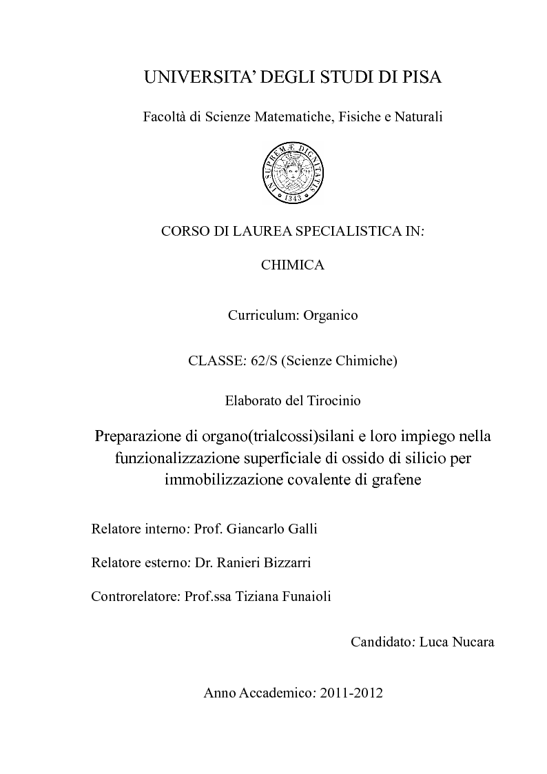 Anteprima della tesi: Preparazione di organo(trialcossi)silani e loro impiego nella funzionalizzazione superficiale di ossido di silicio per immobilizzazione covalente di grafene, Pagina 1