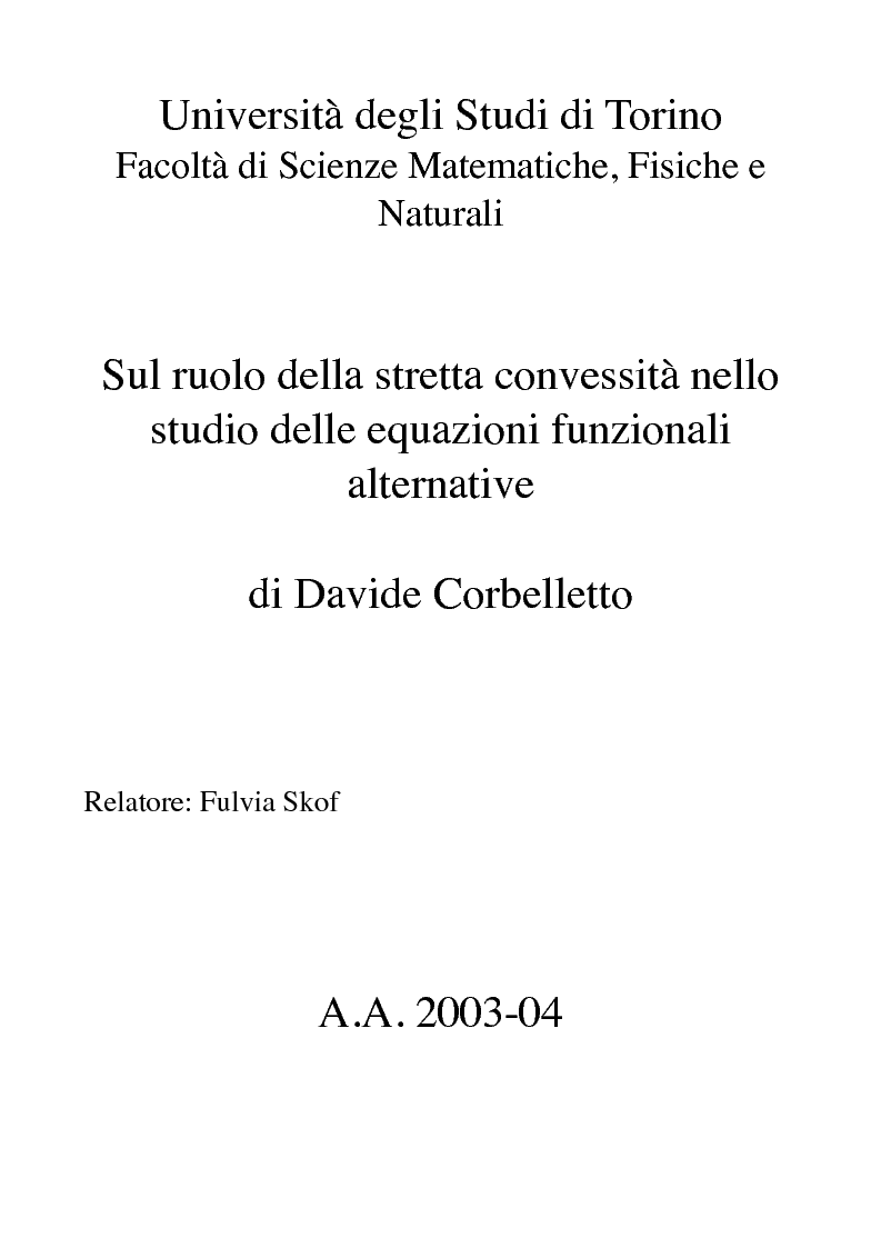 Anteprima della tesi: Sul ruolo della stretta convessità nello studio delle equazioni funzionali alternative, Pagina 1