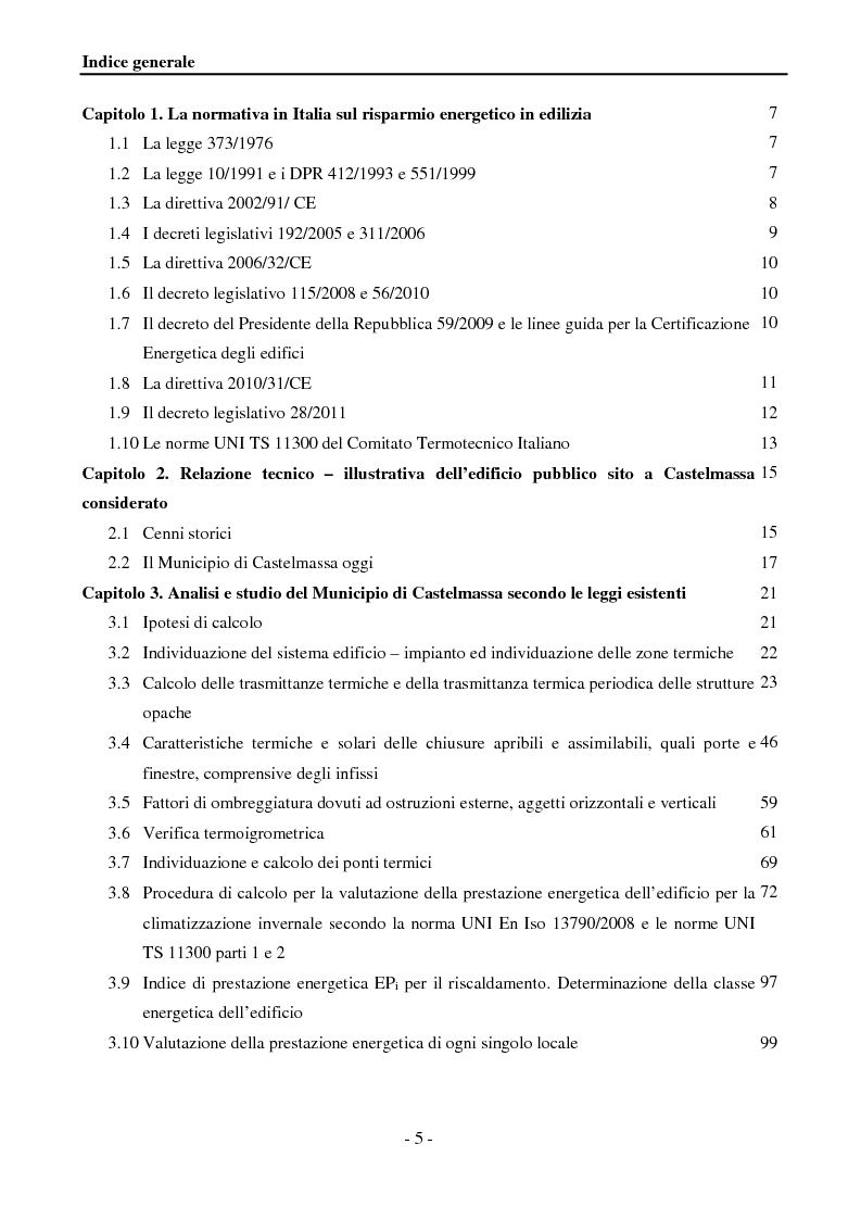 Indice della tesi: Efficienza Energetica degli edifici storici - Riqualificazione Della sede municipale di Castelmassa, Pagina 1