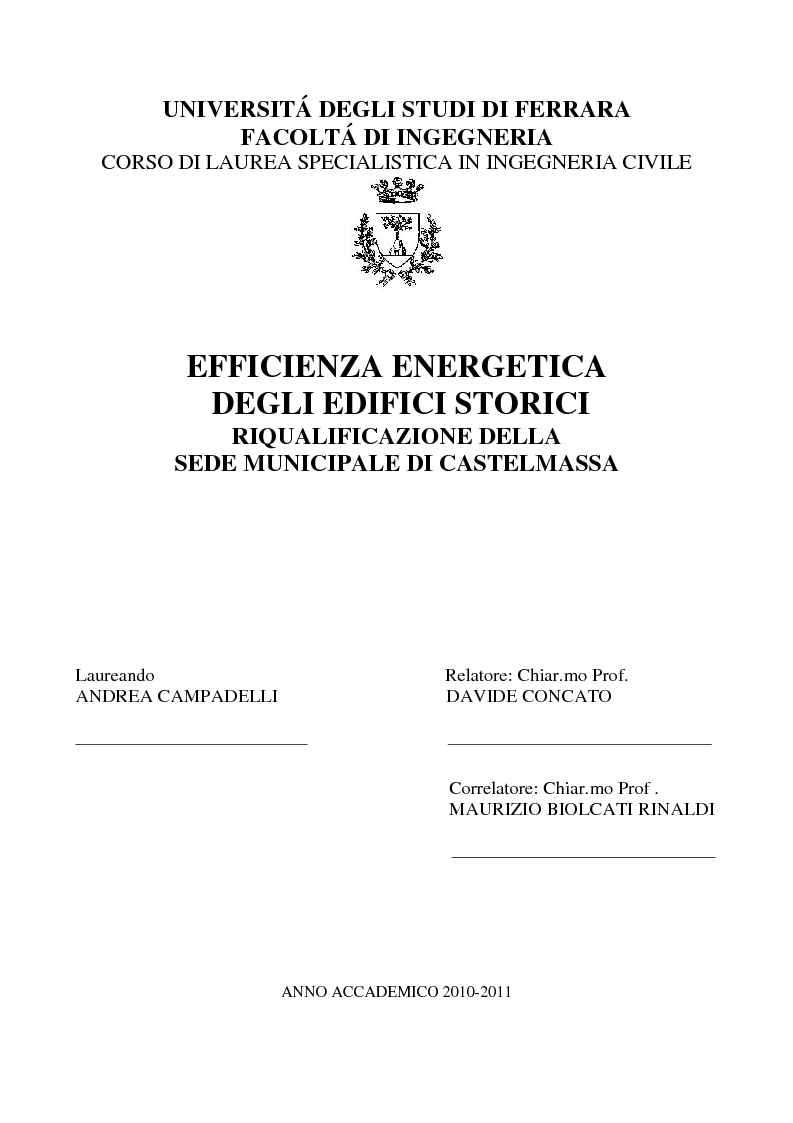 Anteprima della tesi: Efficienza Energetica degli edifici storici - Riqualificazione Della sede municipale di Castelmassa, Pagina 1