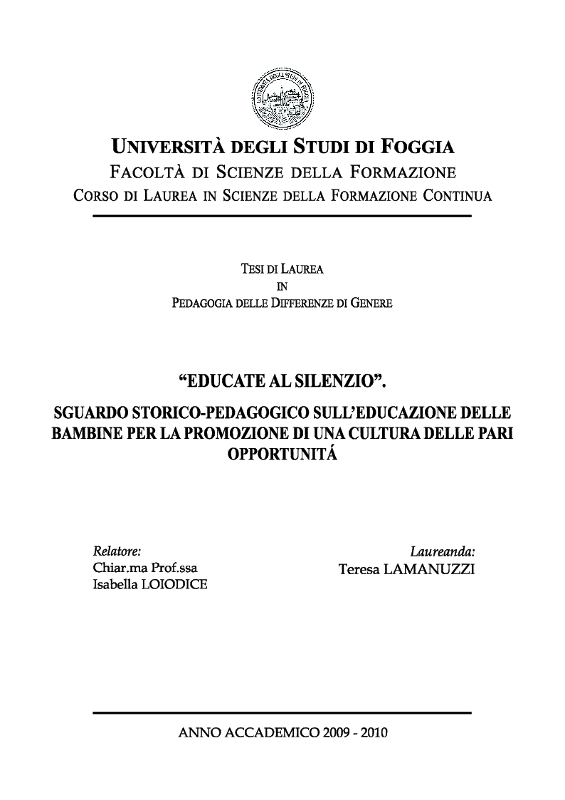 Anteprima della tesi: ''Educate al Silenzio''. Sguardo storico-pedagogico sull'educazione delle bambine per la promozione di una cultura delle pari opportunità, Pagina 1