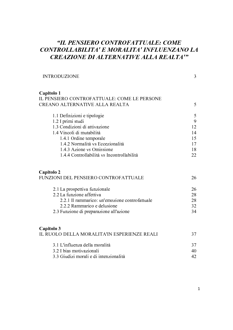 Indice della tesi: Il pensiero controfattuale: come controllabilità e moralità influenzano la creazione di alternative alla realtà, Pagina 1