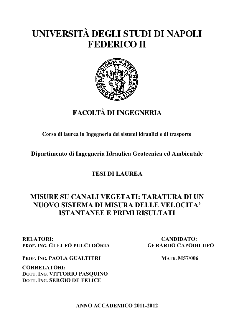 Anteprima della tesi: Misure su canali vegetati: taratura di un nuovo sistema di misura delle velocità istantanee e primi risultati, Pagina 1