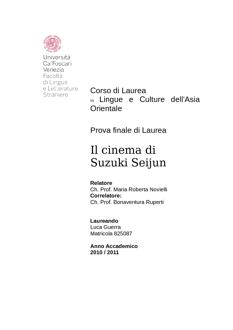 Anteprima della tesi: Il cinema di Suzuki Seijun, Pagina 1