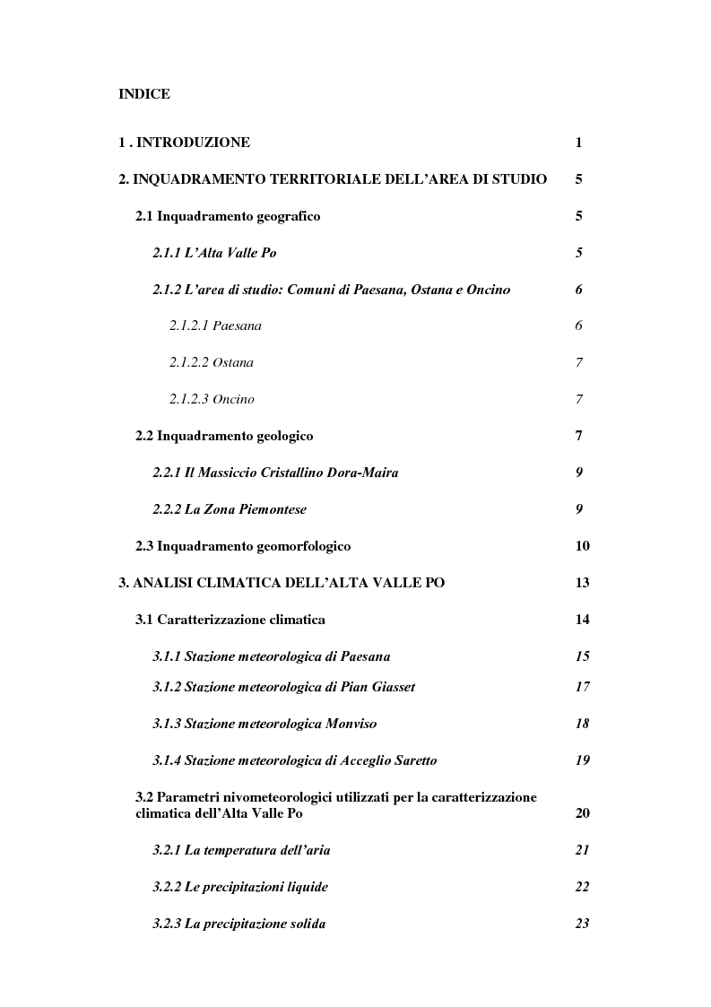 Indice della tesi: Caratterizzazione climatica e analisi del fenomeno valanghivo in Alta Valle Po attraverso la realizzazione della Carta di Localizzazione Probabile delle Valanghe, Pagina 1