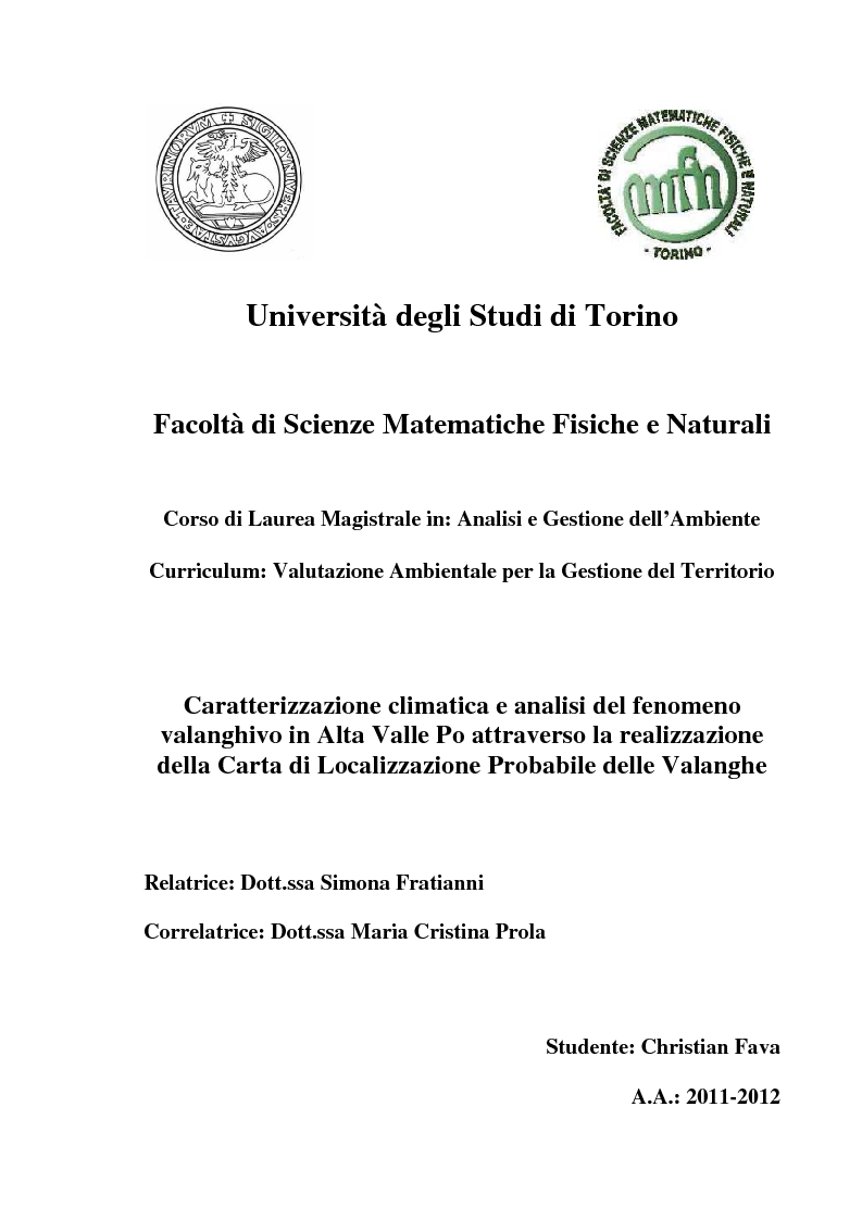 Anteprima della tesi: Caratterizzazione climatica e analisi del fenomeno valanghivo in Alta Valle Po attraverso la realizzazione della Carta di Localizzazione Probabile delle Valanghe, Pagina 1