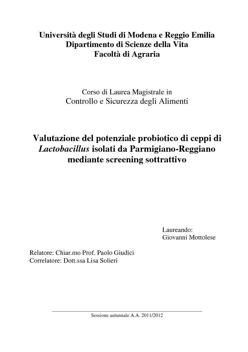 Anteprima della tesi: Valutazione del potenziale probiotico di ceppi di Lactobacillus isolati da Parmigiano-reggiano mediante screening sottrattivo, Pagina 1