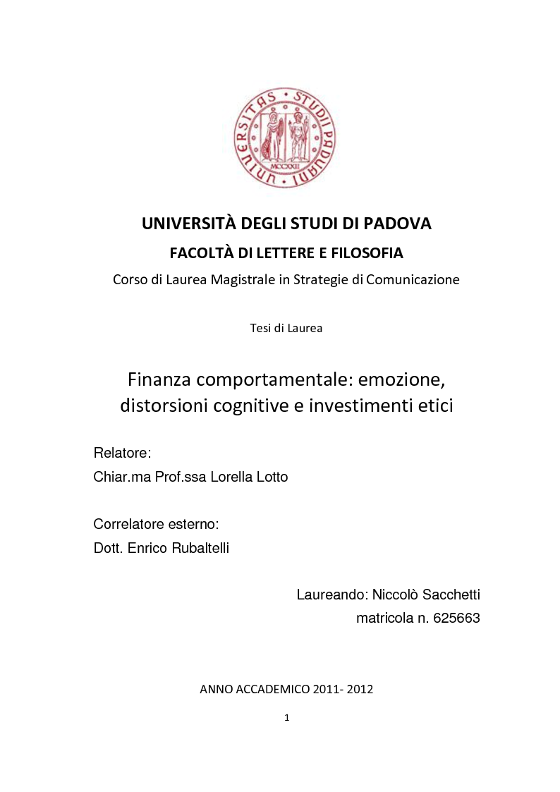 Anteprima della tesi: Finanza comportamentale: emozione, distorsioni cognitive e investimenti etici, Pagina 1