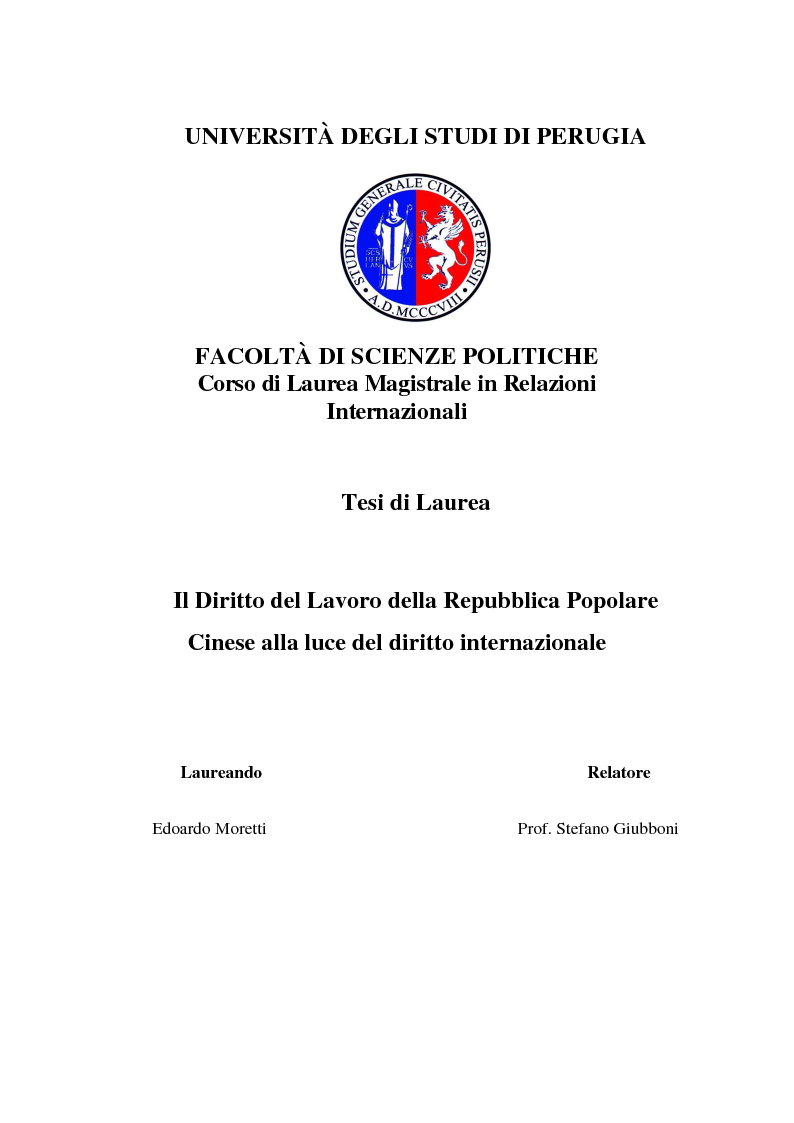 Anteprima della tesi: Il Diritto del Lavoro della Repubblica Popolare Cinese alla luce del diritto internazionale, Pagina 1