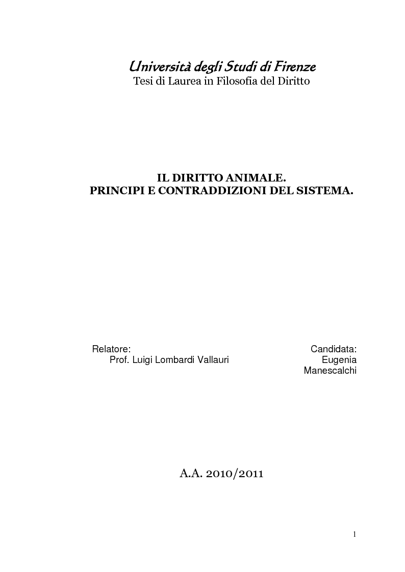 Anteprima della tesi: Il diritto animale. Principi e contraddizioni del sistema., Pagina 1