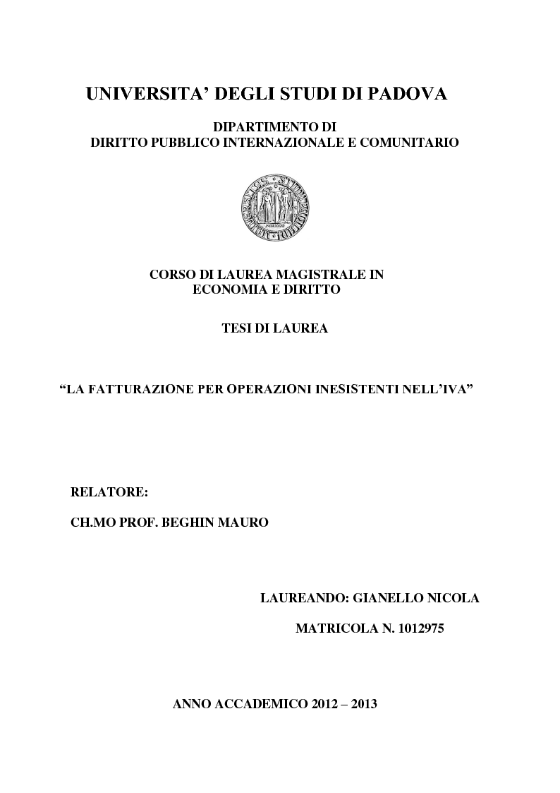 Anteprima della tesi: La Fatturazione per operazioni inesistenti nell'IVA, Pagina 1